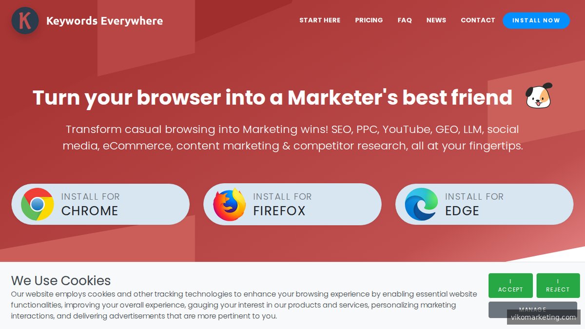 Screenshot der Keywords Everywhere-Startseite mit der Browser-Erweiterung für Keyword-Daten