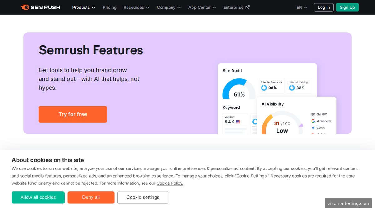 Screenshot der Semrush-Features-Seite mit Überblick über die verfügbaren Funktionen