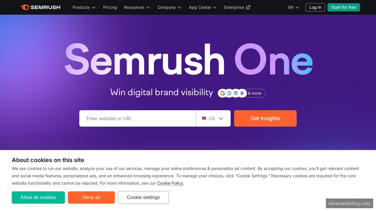 Screenshot der Semrush-Startseite mit Überblick über die SEO-Plattform