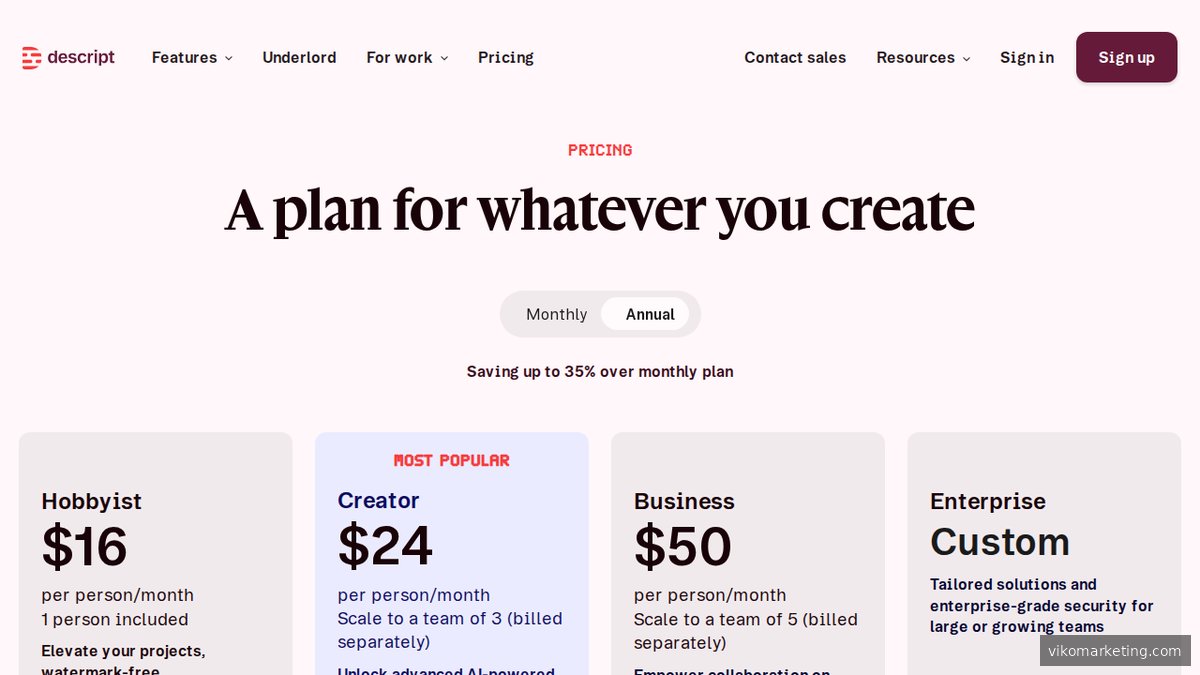 Screenshot of www.descript.com pricing page