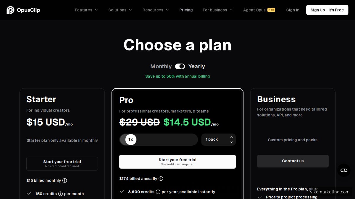 Screenshot of www.opus.pro pricing page