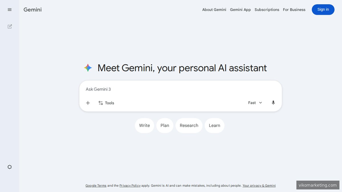 Screenshot der Google Gemini Startseite – KI-Assistent von Google für Suchabfragen und GEO-Monitoring