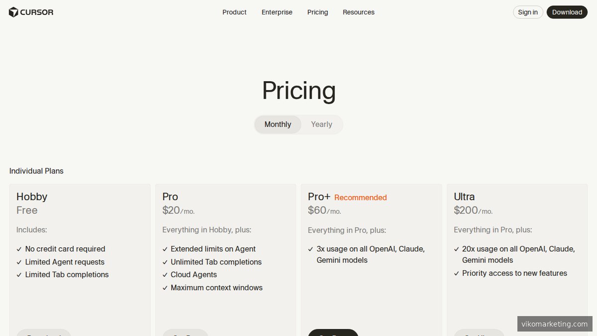 Cursor Preisseite mit Planübersicht