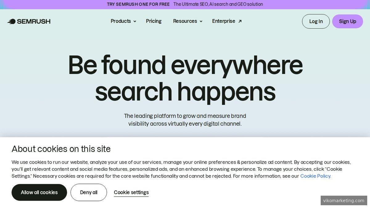 Screenshot der Semrush-Homepage mit Übersicht der SEO- und Marketing-Plattform