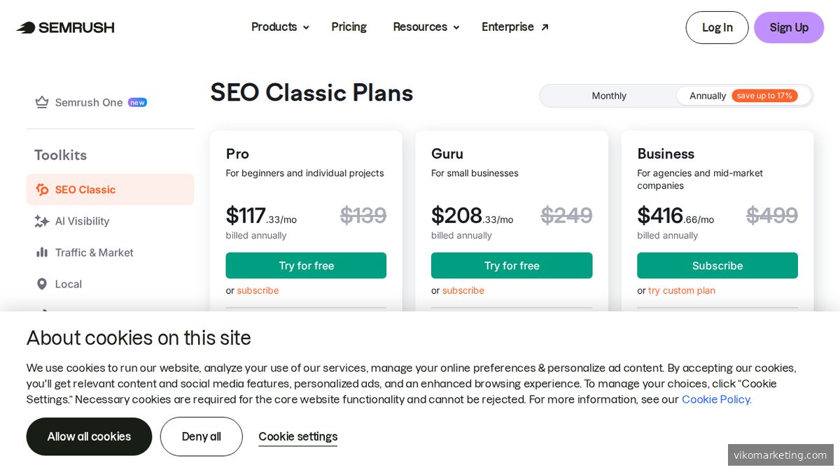 Screenshot der Semrush-Preisseite mit den verfügbaren Abonnement-Plänen