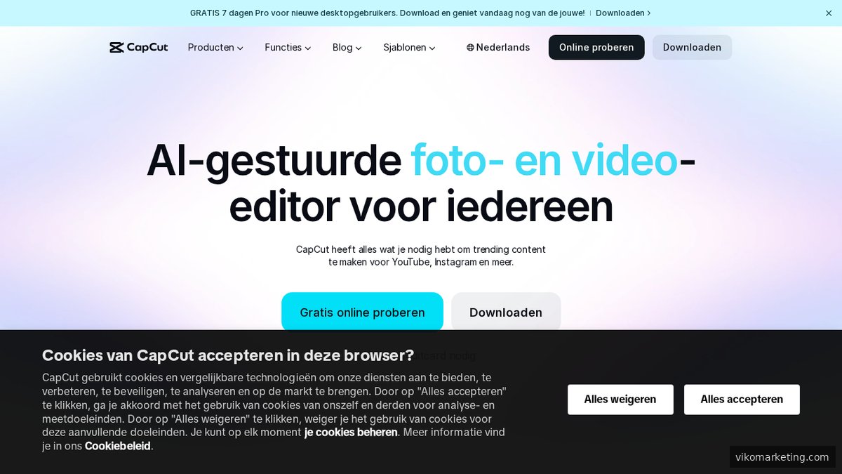 Screenshot der CapCut-Startseite mit KI-gestützten Videoschnitt-Funktionen für Social Media