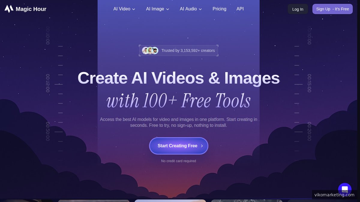 Screenshot der MagicHour-Startseite mit automatisierter KI-Videoproduktion