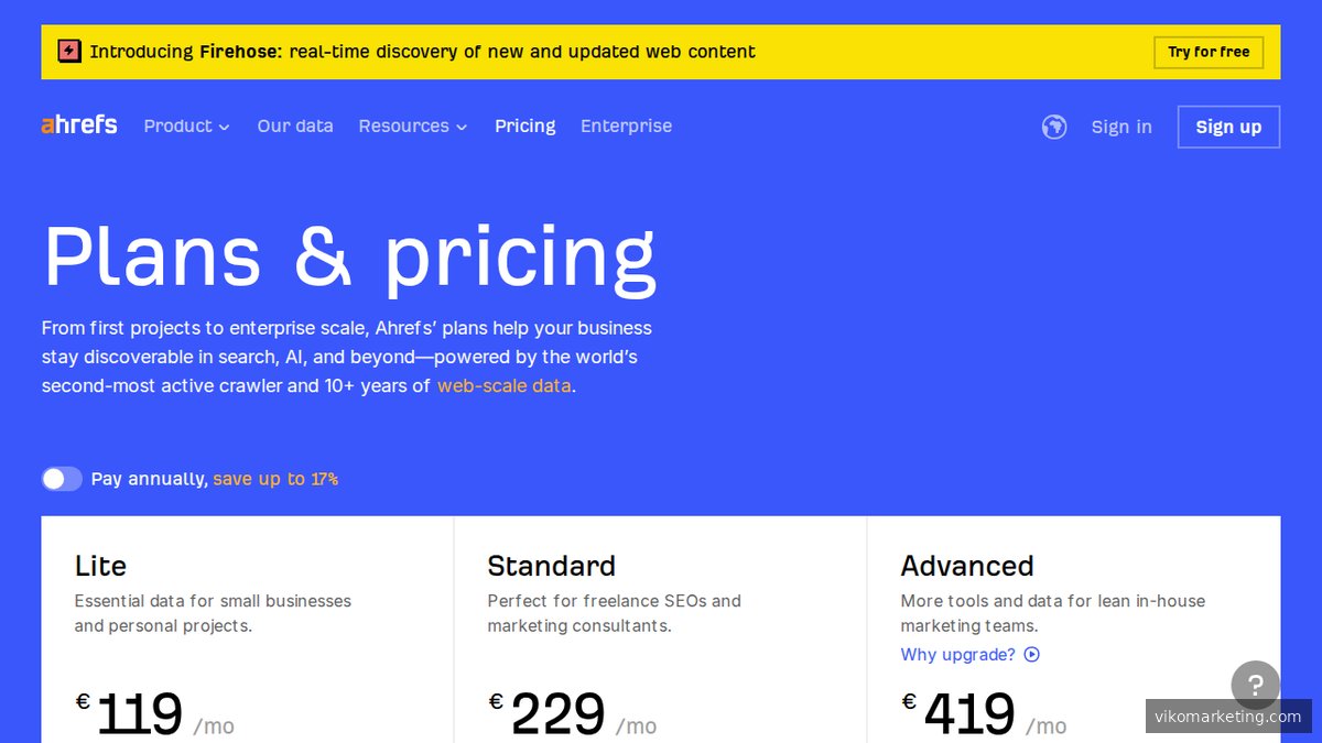 Ahrefs Preisübersicht – für die MCP-Integration mit Claude ist ein kostenpflichtiger Account erforderlich