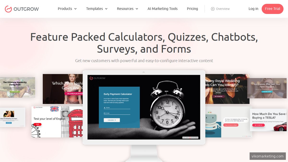 Screenshot of outgrow.co features page showing interactive content types