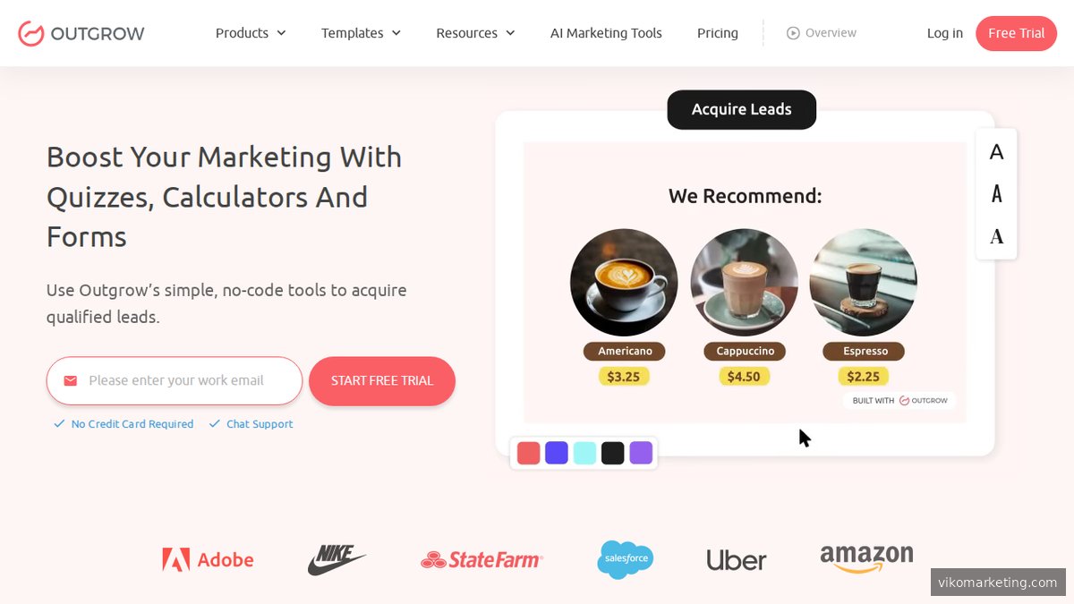 Screenshot of outgrow.co homepage with interactive content builder